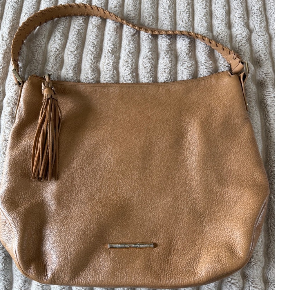 Elaine Turner Tan Pebbled Leather Hobo Bag Braided‎ Strap Tassel Pink Lining